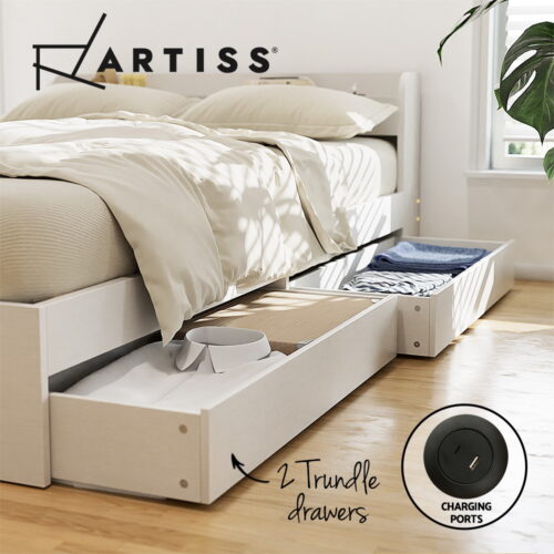 Artiss 2-Drawers Bed Frame Single Size Trundle with Charging Ports AURA - Image 2