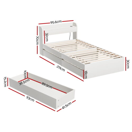 Artiss 2-Drawers Bed Frame Single Size Trundle with Charging Ports AURA - Image 3