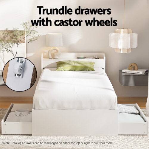 Artiss 2-Drawers Bed Frame Single Size Trundle with Charging Ports AURA - Image 5