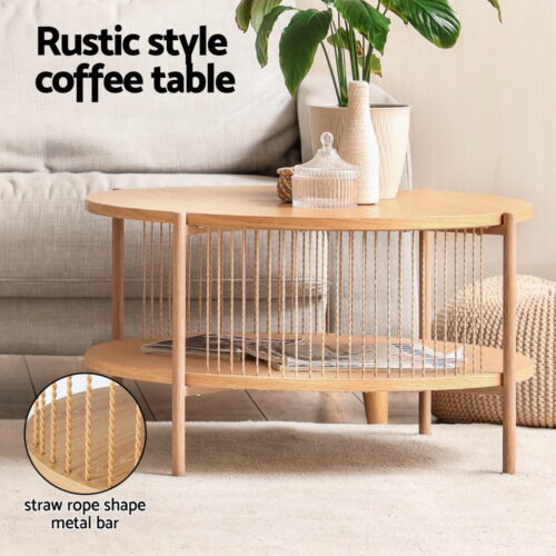 Artiss Coffee Table 2-Tier Storage Side Table Bedside Rustic Storage Shelf Wood - Image 4