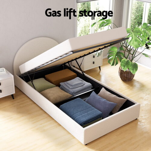Artiss Bed Frame Gas Lift Strorage Beds Base Platform Boucle Fabric King Single ELLA - Image 5