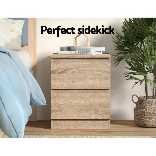 Artiss 2x Bedside Table Drawers Side Table Storage Cabinet Nightstand Oak PEPE - Image 4