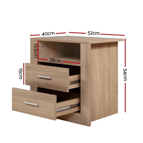 Artiss 2X Bedside Table 2 Drawers with Shelf TARA Oak - Image 2