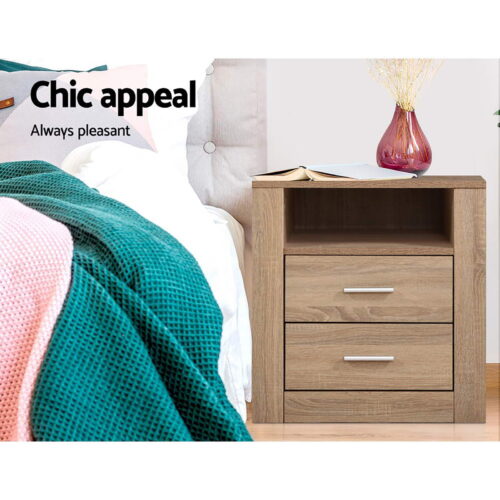 Artiss 2X Bedside Table 2 Drawers with Shelf TARA Oak - Image 3
