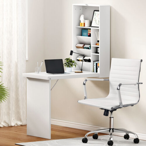Artiss Computer Desk Office Chair Set PU Leather Wall Mount Foldable Table White - Image 8