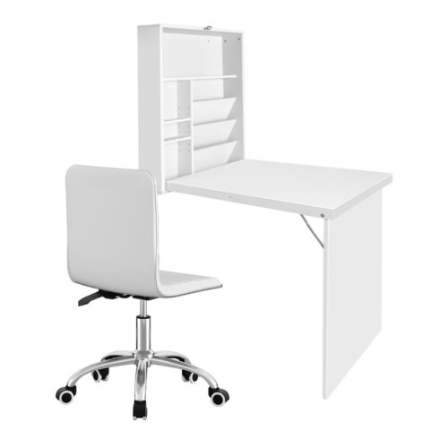 Artiss Computer Desk Office Chair Set PU Leather Wall Mount Foldable Table White - Image 3