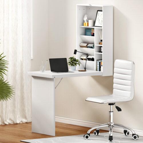 Artiss Computer Desk Office Chair Set PU Leather Wall Mount Foldable Table White - Image 7