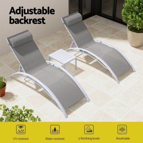 Gardeon 3PC Sun Lounge Outdoor Lounger Table Chairs Steel Patio Furniture Garden - Image 4