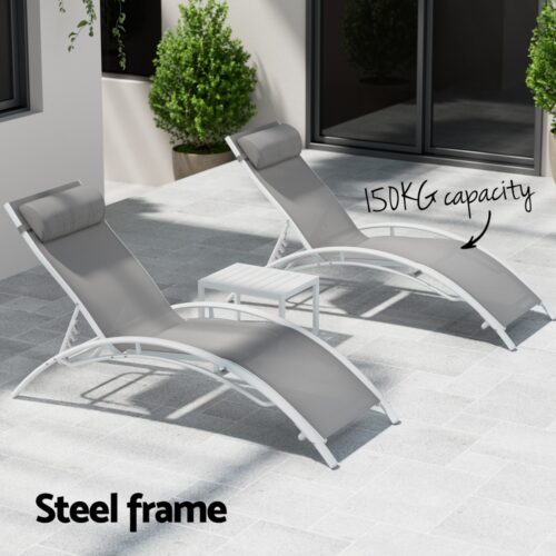 Gardeon 3PC Sun Lounge Outdoor Lounger Table Chairs Steel Patio Furniture Garden - Image 5