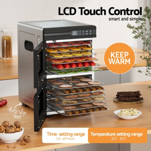 Devanti 12 Trays Food Dehydrator Dual-Zone Stainless Steel Fruit Jerky Dryer - Image 4