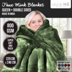 Laura Hill 600GSM Faux Mink Blanket Double-Sided Throw Queen Size Green