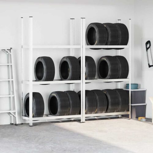 3-Layer Tyre Shelves 2pcs Silver 110x40x200cm Steel - Image 3