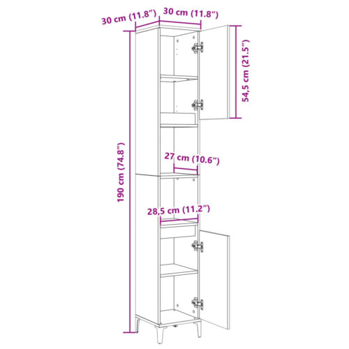 Wooden Bathroom Cabinet Vanity Storage Rack Shelf Cupboard Stand Sonoma Oak 30x30x190cm - Image 9