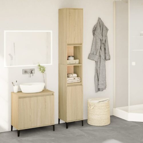 Wooden Bathroom Cabinet Vanity Storage Rack Shelf Cupboard Stand Sonoma Oak 30x30x190cm - Image 11