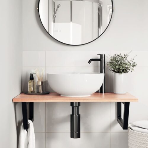 Basin Shelf Wall Mounted Steel Solid Wood Oak - Image 3