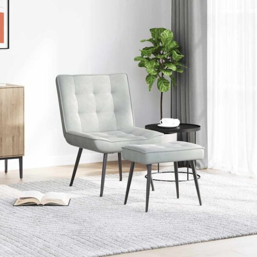 Velvet Lounge Chair Ottoman Set Living Bedroom Foot Stool Accent Sofa Light Grey - Image 3