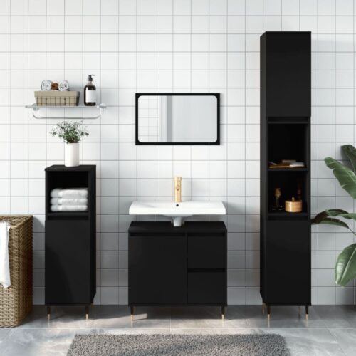 Wooden Bathroom Cabinet Vanity Storage Rack Shelf Cupboard Stand Black 30x30x190cm - Image 13
