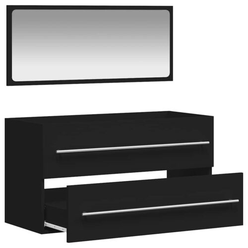 Wooden Bathroom Cabinet with Mirror Set Vanity Sink Storage Rack Drawers Black - Image 4