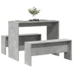 Wooden 3-Piece Dining Table Bench Set Concrete Grey