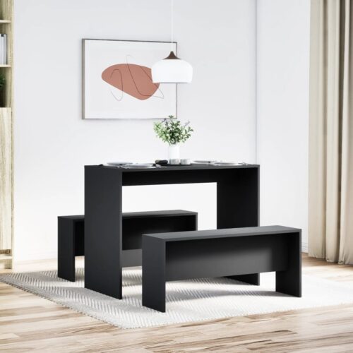 3-Piece Dining Table Set Modern Wooden Kitchen Bench Chairs Seat Black - Image 3