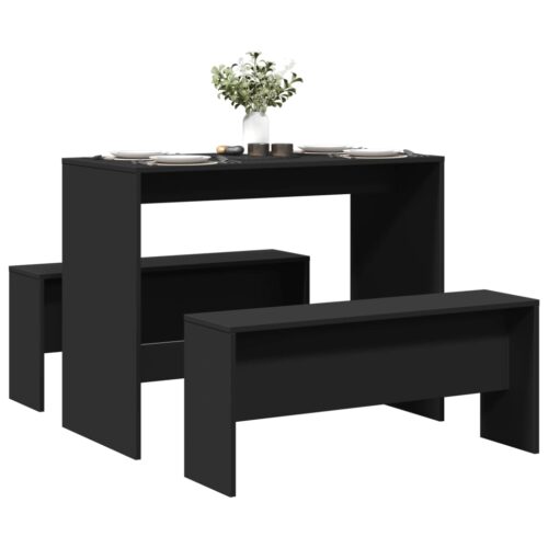 3-Piece Dining Table Set Modern Wooden Kitchen Bench Chairs Seat Black - Image 11