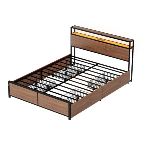 Artiss Metal Bed Frame Storage Drawers Queen Built-in Charging Station LED Light