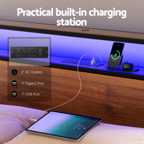 Artiss Metal Bed Frame Storage Drawers Queen Built-in Charging Station LED Light - Image 4