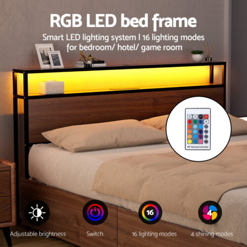 Artiss Metal Bed Frame Storage Drawers Queen Built-in Charging Station LED Light - Image 5