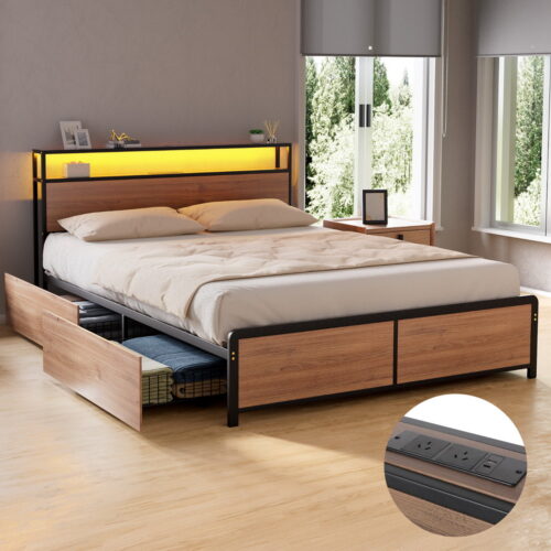 Artiss Metal Bed Frame Storage Drawers Queen Built-in Charging Station LED Light - Image 7