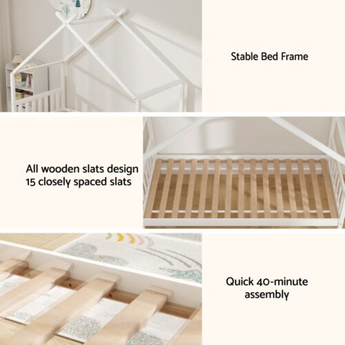 Artiss Bed Frame Wooden Base Kids Single Timber House  with 2 Storage Drawers Beds White - Image 4