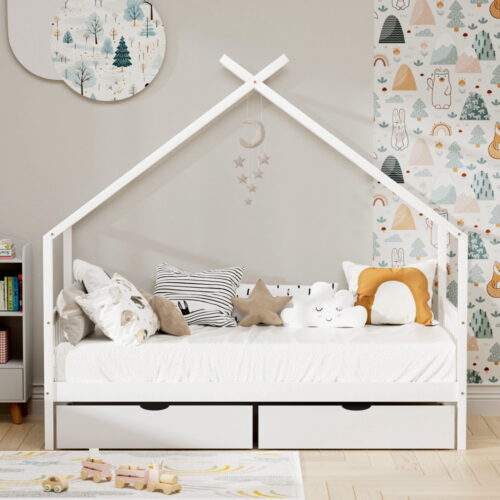 Artiss Bed Frame Wooden Base Kids Single Timber House  with 2 Storage Drawers Beds White - Image 6