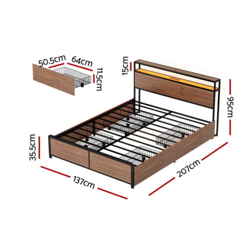 Artiss Metal Bed Frame Storage Drawers DOUBLE Size Built-in Charging LED Lights - Image 2