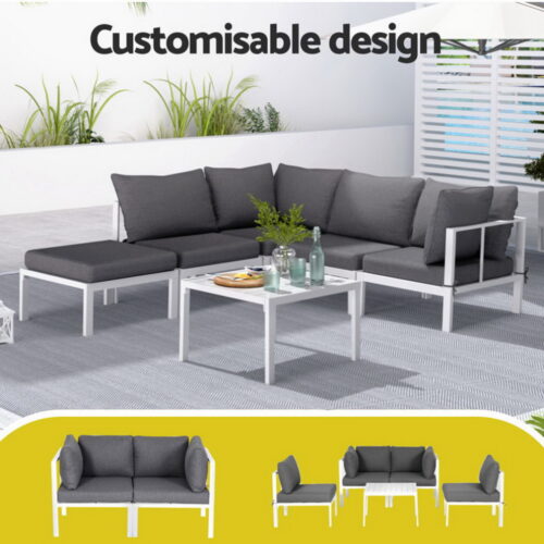 Gardeon 6PCS Outdoor Sofa Set Aluminium Table and Chairs Lounge Patio Furniture - Image 4
