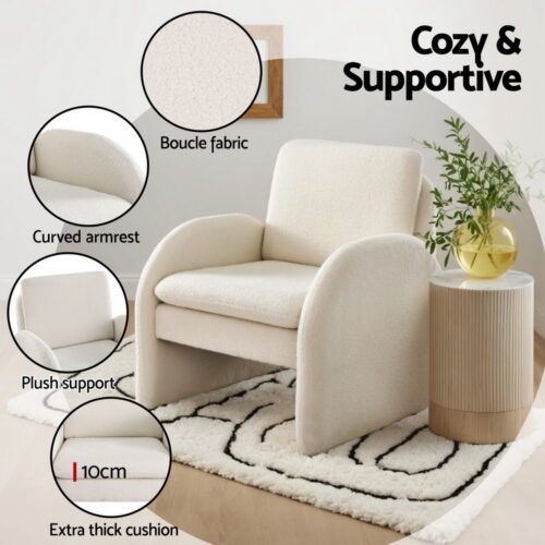 Artiss Armchair Accent Chair Lounge Tub Sofa Couch Curved Arm Seat Boucle White - Image 5