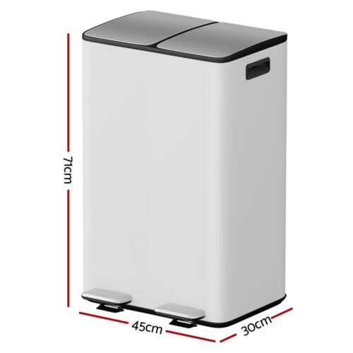 Cefito Pedal Bins Rubbish Bin Dual Compartment Waste Recycle Dustbins 60L White - Image 2