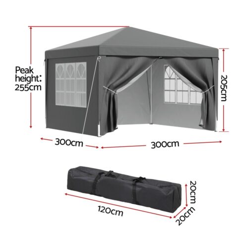 Instahut Gazebo 3x3 Pop Up Marquee Folding Tent Wedding Gazebos Camping Outdoor Shade Canopy Gray - Image 2