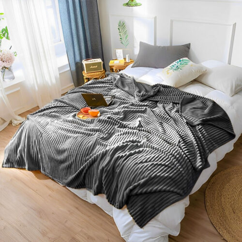 GreyThrow Blanket Warm Cozy Striped Pattern Thin Flannel Fleece Bed Sofa Comforter - Image 4