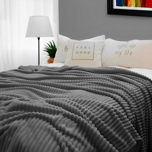 GreyThrow Blanket Warm Cozy Striped Pattern Thin Flannel Fleece Bed Sofa Comforter - Image 6