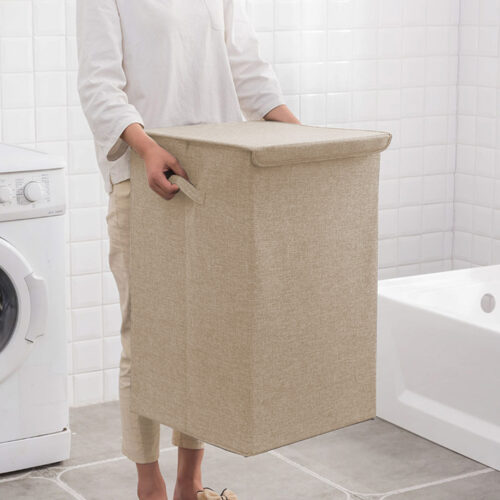 Beige Large Collapsible Laundry Hamper Storage Box Folding Canvas Basket Organiser - Image 2