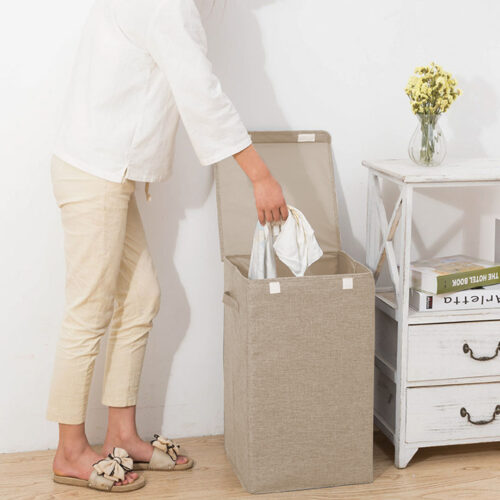 Beige Large Collapsible Laundry Hamper Storage Box Folding Canvas Basket Organiser - Image 7