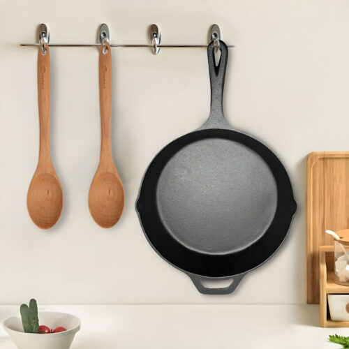 30cm Round Cast Iron Frying Pan Skillet Steak Sizzle Platter with Helper Handle - Image 9