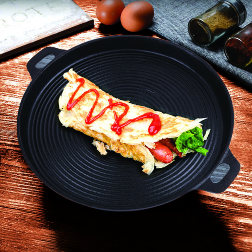 35cm Round Ribbed Cast Iron Frying Pan Skillet Steak Sizzle Platter with Handle - Image 4