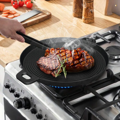 35cm Round Ribbed Cast Iron Frying Pan Skillet Steak Sizzle Platter with Handle - Image 6