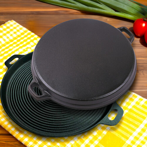 35cm Round Ribbed Cast Iron Frying Pan Skillet Steak Sizzle Platter with Handle - Image 8