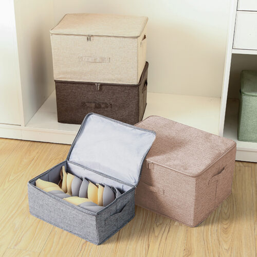 2x Beige Large Portable Double Zipper Storage Box Moisture Proof Clothes Basket Folding Home Organiser - Image 3