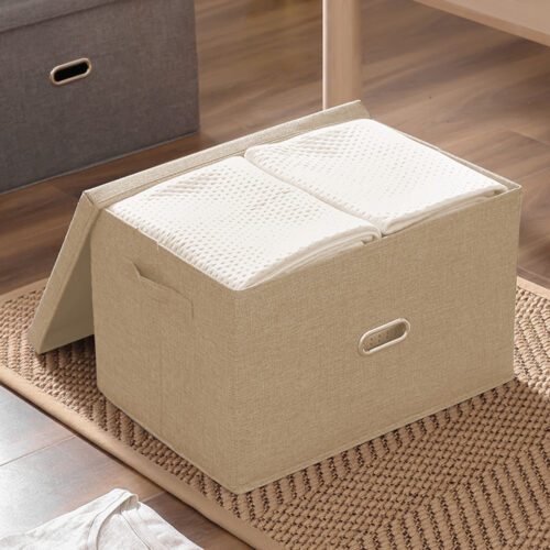 2x Large Folding Canvas Storage Box Cube Clothes Basket Closet Organiser Beige - Image 2