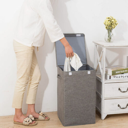 2x Grey Medium Collapsible Laundry Hamper Storage Box Folding Canvas Basket Organiser - Image 7