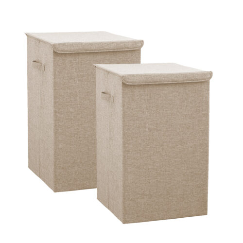 2x Beige Large Collapsible Laundry Hamper Storage Box Folding Canvas Basket Organiser
