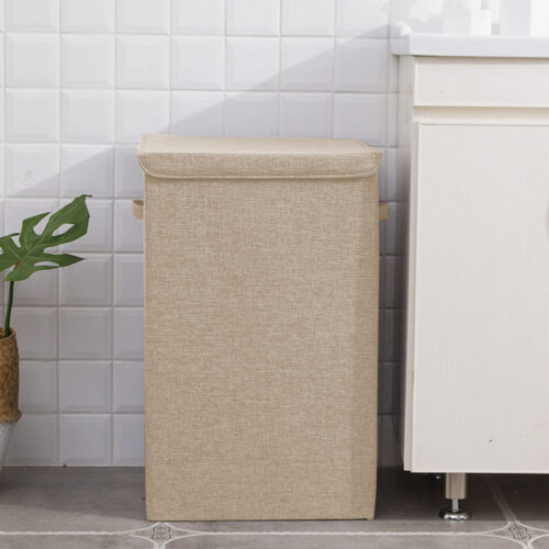 2x Beige Large Collapsible Laundry Hamper Storage Box Folding Canvas Basket Organiser - Image 4