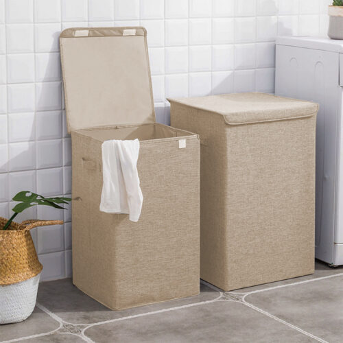 2x Beige Large Collapsible Laundry Hamper Storage Box Folding Canvas Basket Organiser - Image 8